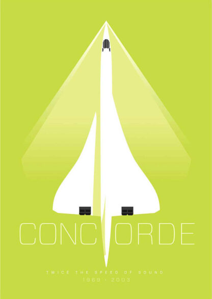 A minimalist poster featuring a stylized illustration of the Concorde airplane with text noting its speed and years of service. By Peter McDermott