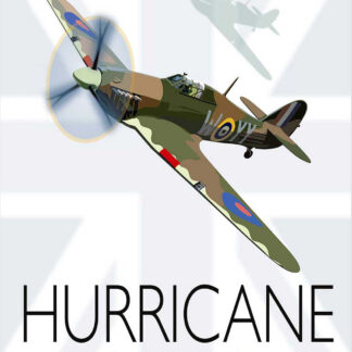 A stylized graphic of a World War II era Hurricane fighter airplane with the title 'HURRICANE - Famous Aeroplanes of the Second World War.' By Peter McDermott