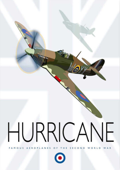 A stylized graphic of a World War II era Hurricane fighter airplane with the title 'HURRICANE - Famous Aeroplanes of the Second World War.' By Peter McDermott