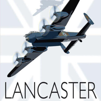 A poster featuring an illustrated Avro Lancaster bomber from World War II with the word 'LANCASTER' below it. By Peter McDermott
