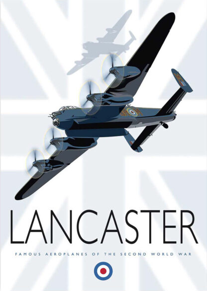 A poster featuring an illustrated Avro Lancaster bomber from World War II with the word 'LANCASTER' below it. By Peter McDermott