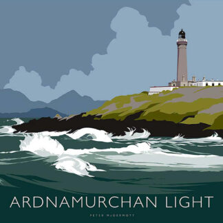 An illustrated poster of the Ardnamurchan Lighthouse with waves in the foreground and hills in the background, by Peter McDermott.
