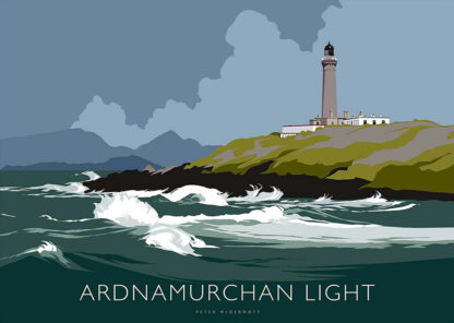An illustrated poster of the Ardnamurchan Lighthouse with waves in the foreground and hills in the background, by Peter McDermott.
