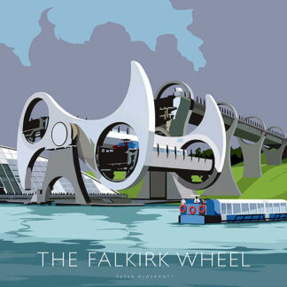 This is an illustrated poster of the Falkirk Wheel, a rotating boat lift in Scotland, depicting its unique structure and a boat in the adjacent water. By Peter McDermott