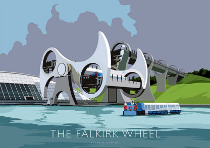 This is an illustrated poster of the Falkirk Wheel, a rotating boat lift in Scotland, depicting its unique structure and a boat in the adjacent water. By Peter McDermott