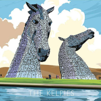 Illustration of The Kelpies, two large horse-head sculptures, against a stylized landscape with people and a body of water. By Peter McDermott