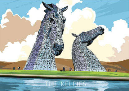 Illustration of The Kelpies, two large horse-head sculptures, against a stylized landscape with people and a body of water. By Peter McDermott