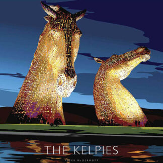 The image shows two large, illuminated horse head sculptures near a body of water titled 'The Kelpies' by Andy Scott. By Peter McDermott