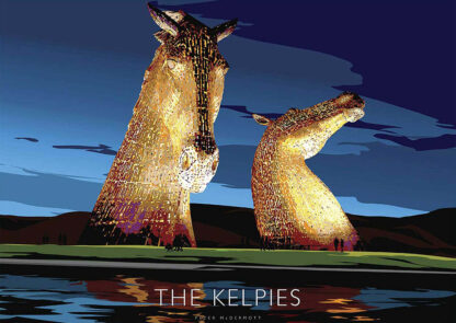 The image shows two large, illuminated horse head sculptures near a body of water titled 'The Kelpies' by Andy Scott. By Peter McDermott