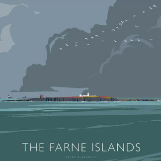 A minimalist style illustration of The Farne Islands featuring silhouettes of flying birds and a prominent lighthouse under overcast skies. By Peter McDermott