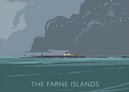 A minimalist style illustration of The Farne Islands featuring silhouettes of flying birds and a prominent lighthouse under overcast skies. By Peter McDermott