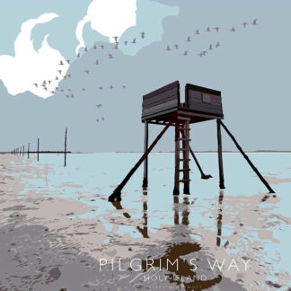 An illustrated image of a tall, stilted structure on a muddy shore with birds in the sky and 'PILGRIM'S WAY HOLY ISLAND' text below. By Peter McDermott