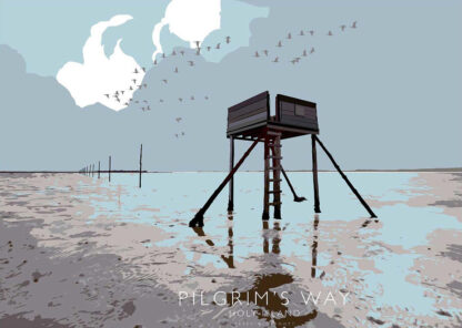 An illustrated image of a tall, stilted structure on a muddy shore with birds in the sky and 'PILGRIM'S WAY HOLY ISLAND' text below. By Peter McDermott