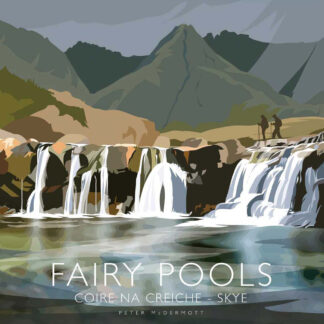 A stylized illustration of the Fairy Pools at Coire na Creiche on the Isle of Skye, with waterfalls and mountains in the background. By Peter McDermott