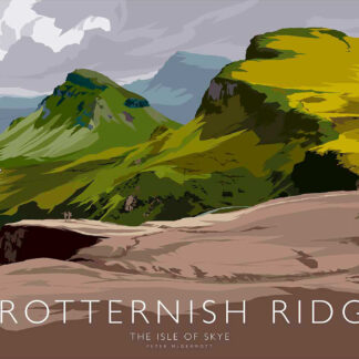 A stylized illustration of the Trotternish Ridge on the Isle of Skye with bold colors and simplistic shapes depicting the landscape. By Peter McDermott