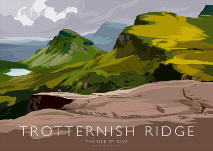 A stylized illustration of the Trotternish Ridge on the Isle of Skye with bold colors and simplistic shapes depicting the landscape. By Peter McDermott