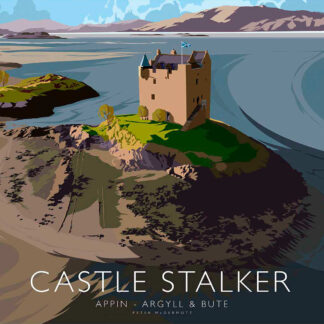 A stylized illustration of Castle Stalker with surrounding water, islands, and mountains in the background, labeled with location details. By Peter McDermott