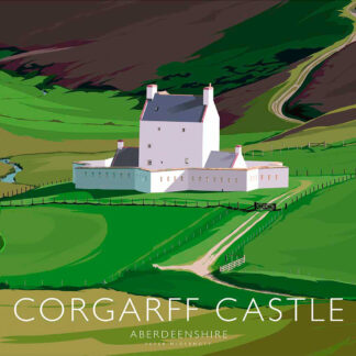 Illustration of Corgarff Castle surrounded by green landscape and hills in Aberdeenshire. By Peter McDermott