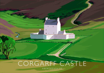 Illustration of Corgarff Castle surrounded by green landscape and hills in Aberdeenshire. By Peter McDermott