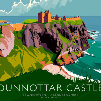 An illustrated image of Dunnottar Castle perched on a rugged cliff overlooking the sea with the location stated as Stonehaven - Aberdeenshire. By Peter McDermott