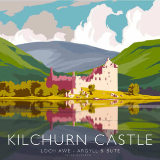 A stylized illustration of Kilchurn Castle with reflection on Loch Awe, surrounded by vibrant green hills under a cloudy sky. By Peter McDermott