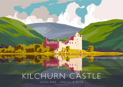 A stylized illustration of Kilchurn Castle with reflection on Loch Awe, surrounded by vibrant green hills under a cloudy sky. By Peter McDermott