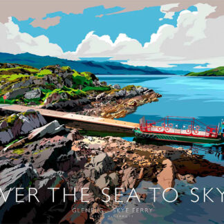 A vibrant, colorful digital artwork depicting a ferry near a rocky shore with text 'Over the Sea to Skye.' By Peter McDermott