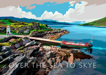 A vibrant, colorful digital artwork depicting a ferry near a rocky shore with text 'Over the Sea to Skye.' By Peter McDermott