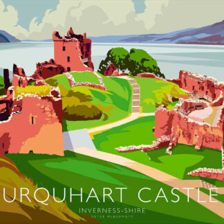 A colorful illustration of Urquhart Castle beside a lake in Inverness-shire with rolling hills in the background. By Peter McDermott