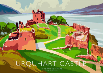 A colorful illustration of Urquhart Castle beside a lake in Inverness-shire with rolling hills in the background. By Peter McDermott