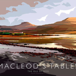 A stylized graphic poster depicting Macleod's Tables on the Isle of Skye with distinct color bands and reflection on water, incorporating text. By Peter McDermott