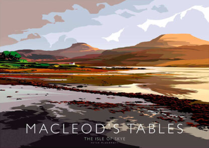 A stylized graphic poster depicting Macleod's Tables on the Isle of Skye with distinct color bands and reflection on water, incorporating text. By Peter McDermott