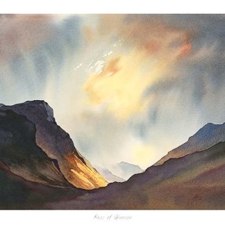 A panoramic watercolor painting showcasing a dramatic landscape with mountains and a luminous sky, possibly at sunrise or sunset. By Peter Mcdermott