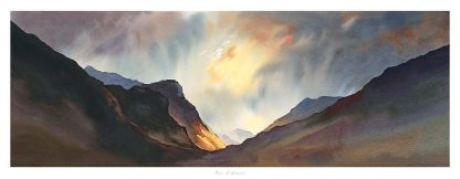 A panoramic watercolor painting showcasing a dramatic landscape with mountains and a luminous sky, possibly at sunrise or sunset. By Peter Mcdermott