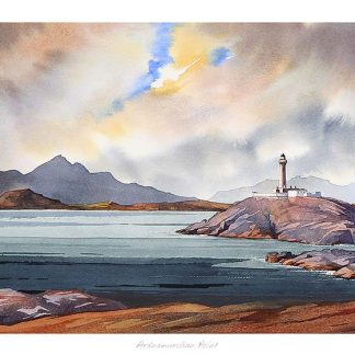 A watercolor painting of a coastal scene featuring a lighthouse with mountains in the background and dramatic cloud-streaked skies. By Peter Mcdermott