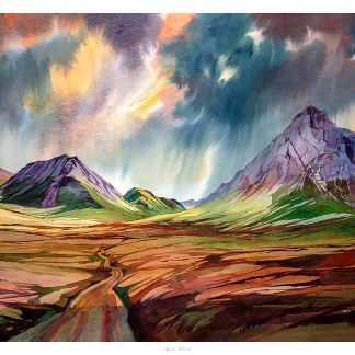 A vibrant watercolor painting depicting mountains under a dramatically lit sky with a fiery cloud formation. By Peter Mcdermott