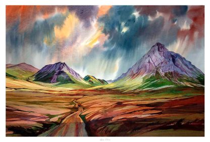 A vibrant watercolor painting depicting mountains under a dramatically lit sky with a fiery cloud formation. By Peter Mcdermott