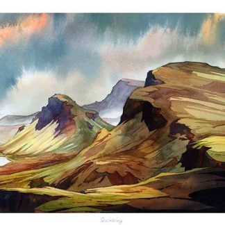 A vibrant watercolor painting depicting a rolling landscape with hills, a water body, and a dynamic, colorful sky. By Peter Mcdermott