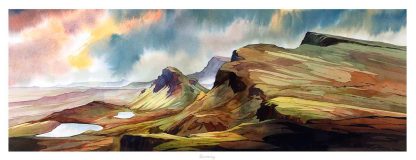 A vibrant watercolor painting depicting a rolling landscape with hills, a water body, and a dynamic, colorful sky. By Peter Mcdermott