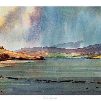 The image shows a vibrant watercolor landscape with a lake, aurora-like sky effects, and rolling hills. By Peter Mcdermott