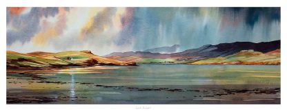 The image shows a vibrant watercolor landscape with a lake, aurora-like sky effects, and rolling hills. By Peter Mcdermott