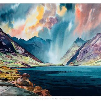 A vibrant watercolor painting depicts a dramatic landscape with a lake surrounded by mountains under a colorful, cloud-filled sky. By Peter Mcdermott