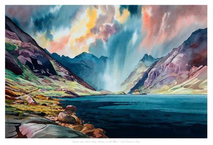 A vibrant watercolor painting depicts a dramatic landscape with a lake surrounded by mountains under a colorful, cloud-filled sky. By Peter Mcdermott