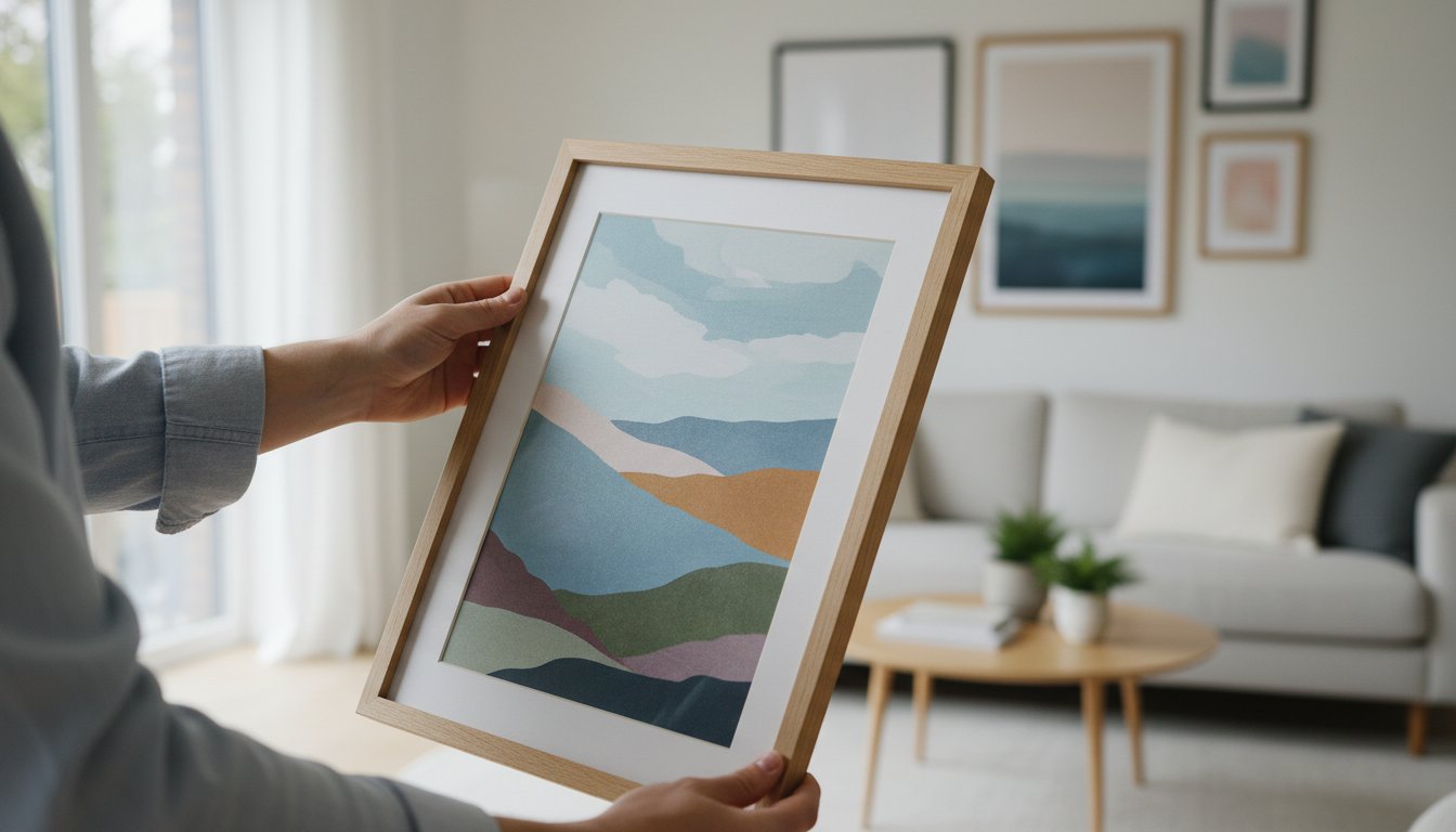 A person holds a framed abstract landscape artwork in a bright, modern living room with a sofa, coffee table, and several framed pictures on the wall in the background.