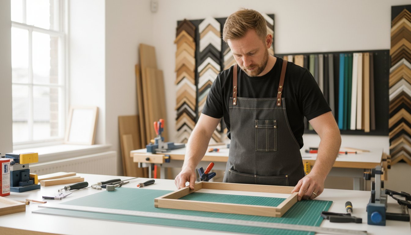 A man wearing an apron assembles a wooden picture frame on a workbench in a bright workshop, surrounded by framing tools and sample frames displayed on the wall.