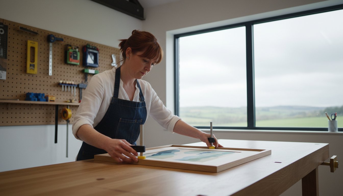 A woman in an apron works on framing a picture at a wooden table in a workshop, with tools hanging on the wall and a large window showing a countryside view.