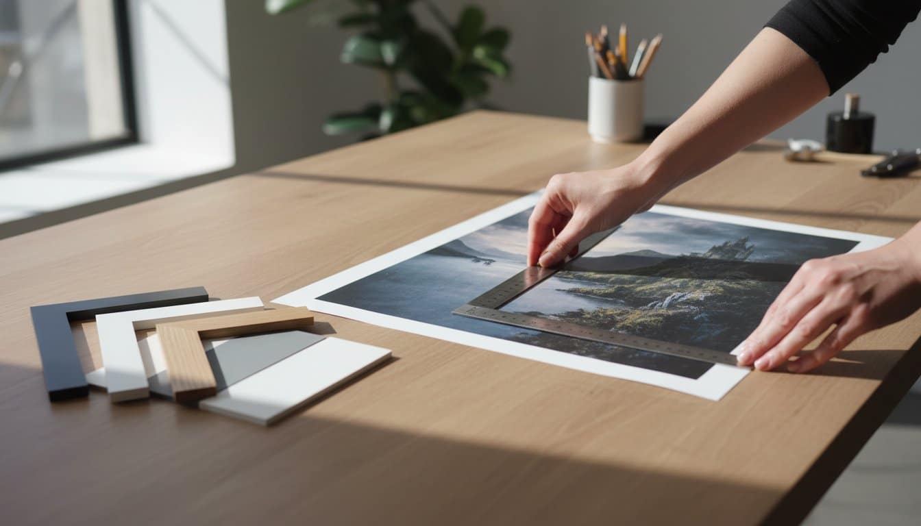 A person measures a landscape photo print with a ruler on a wooden desk, next to sample frame corners and art supplies, in a bright, modern workspace.