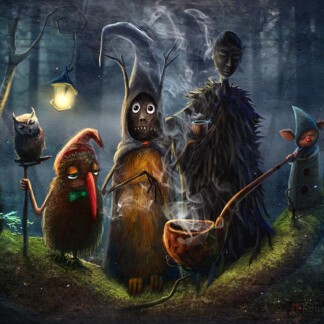 In "The Pipe Smokers Tree II," four fantastical creatures gather in a misty, moonlit forest—one stirs a steaming cauldron, another holds a lantern, while an owl and a blue-hatted mouse-like figure watch in magical mystery.