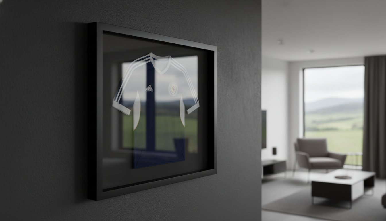A framed football shirt with white and blue stripes hangs on a dark wall in a modern, minimalist living room with large windows and a scenic view of fields and hills.