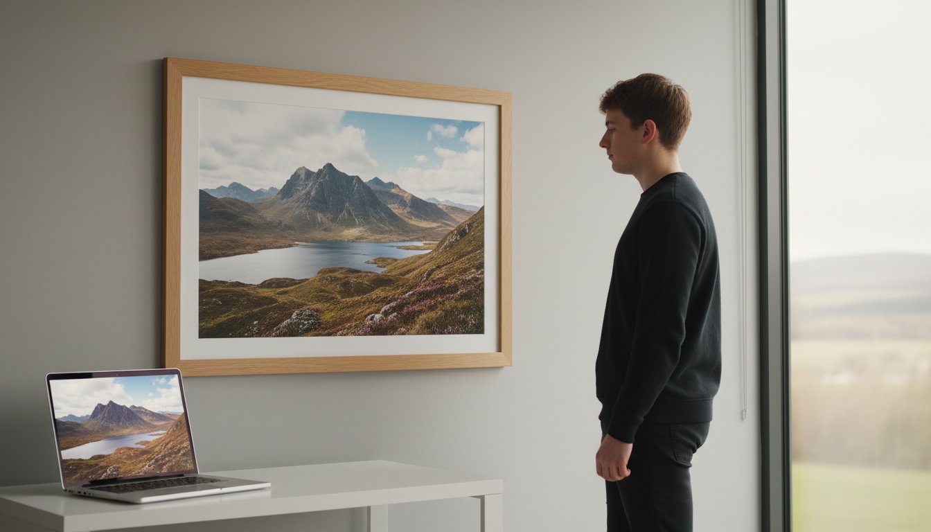 A person stands in a modern room, looking at a large framed landscape photo of mountains and a lake on the wall. A laptop with the same image on its screen sits on a white table nearby, next to a large window.